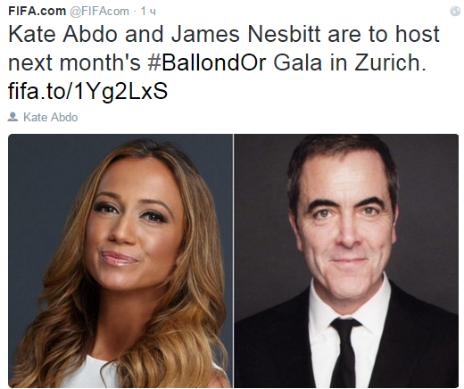 Церемонию вручения «Золотого мяча» проведут журналистка Кейт Абдо и актёр Джеймс Несбитт