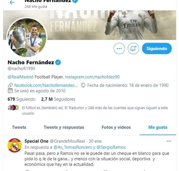 Начо лайкнул твит, призывающий «Реал» не идти на поводу у Рамоса